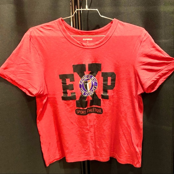 EXPRESS Red Graphic Sporty Logo Modal Knit TShirt athletique sizeL like new cond - Picture 7 of 11